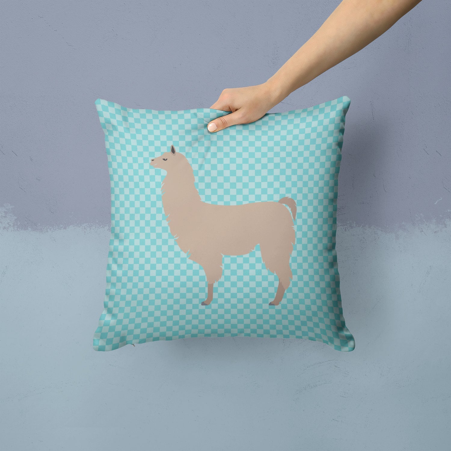 Llama Blue Check Decorative Throw Pillow 14x14 Indoor Outdoor Accent Cushion, Fabric Cover with Insert for Sofa, Bed, Porch & Living Room