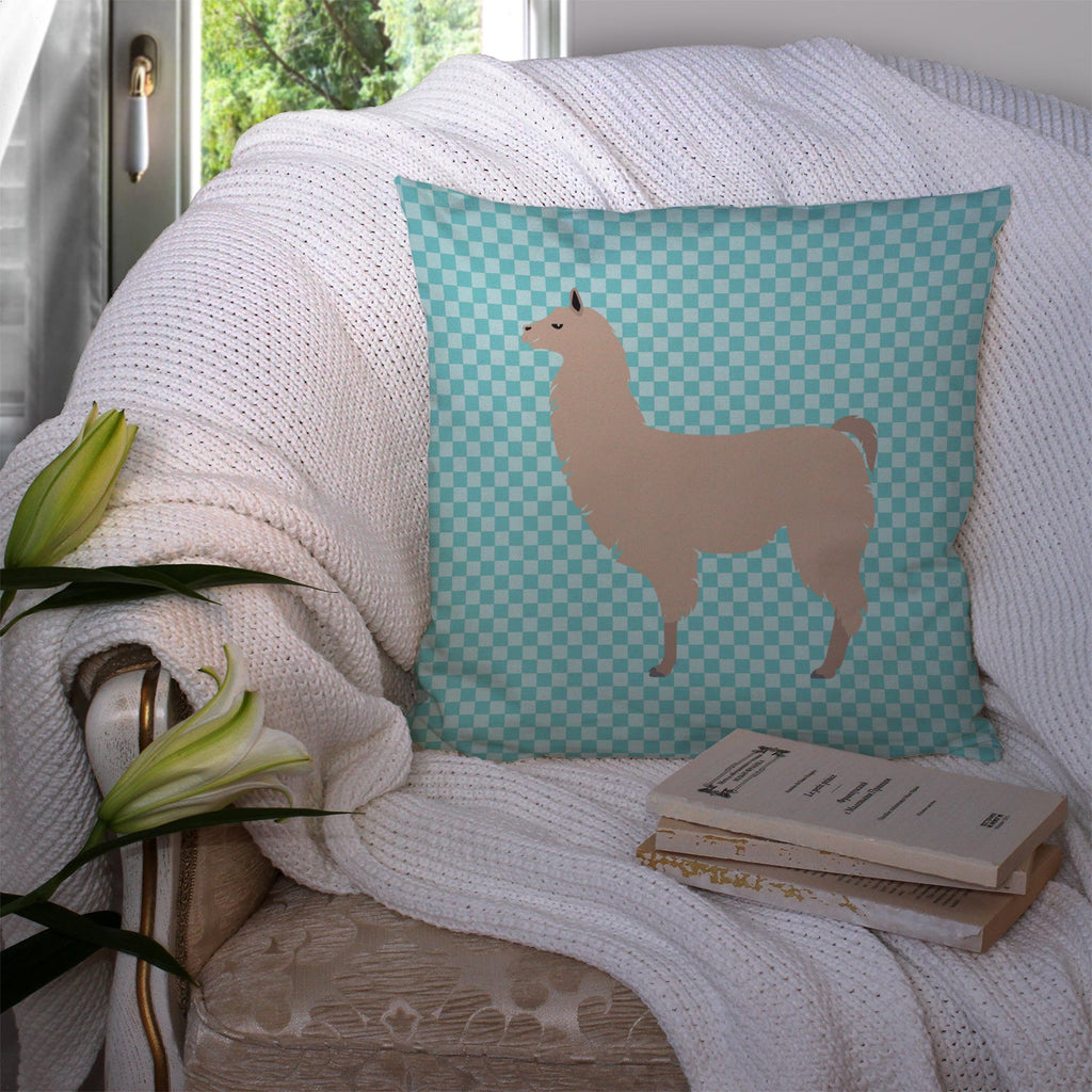 Llama Blue Check Decorative Throw Pillow 14x14 Indoor Outdoor Accent Cushion, Fabric Cover with Insert for Sofa, Bed, Porch & Living Room