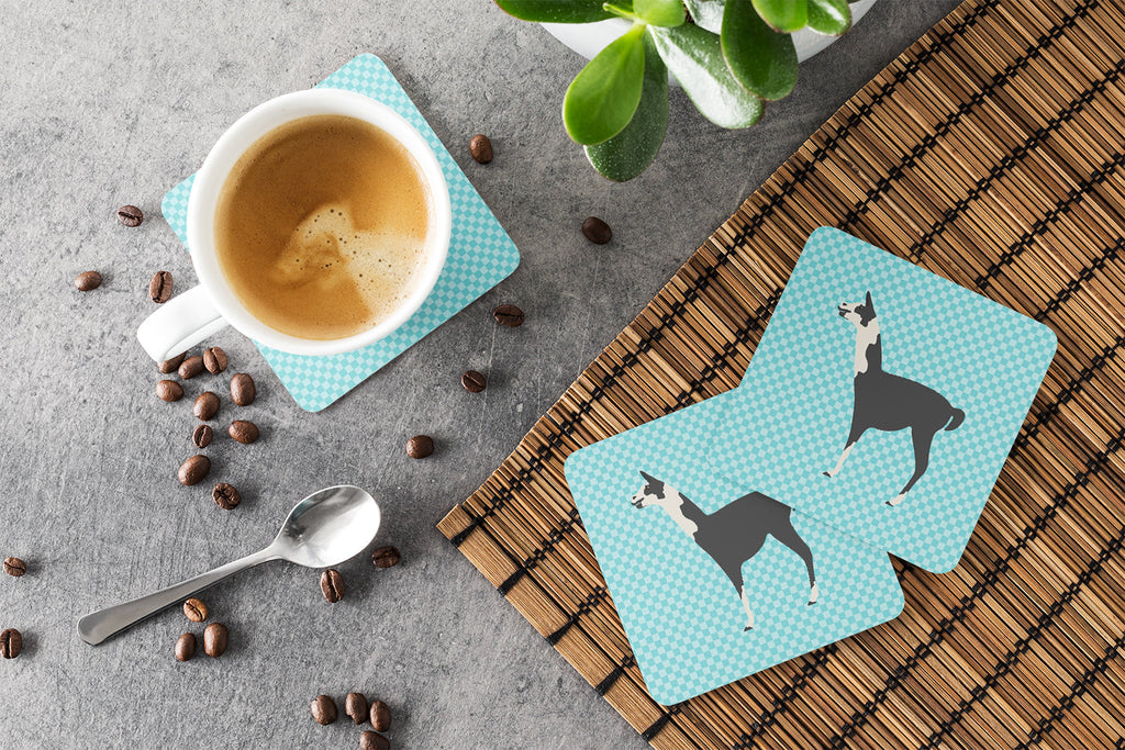 Llama Q' Ara Blue Check Foam Coasters Set of 4 Cup Coasters for Indoor Outdoor, Tabletop Protection, Anti Slip, Mouse pad Material