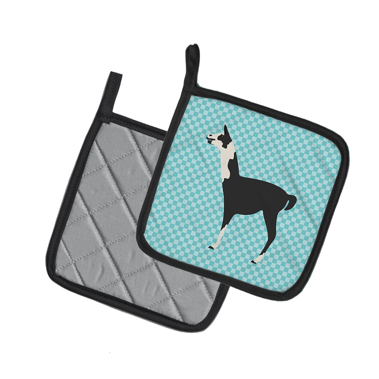 Llama Q' Ara Blue Check Pot Holder Set of 2 Heat Resistant Quilted Hot Pads 7.5 x 7.5 Inch, Insulated Kitchen Trivets for Cooking & Baking