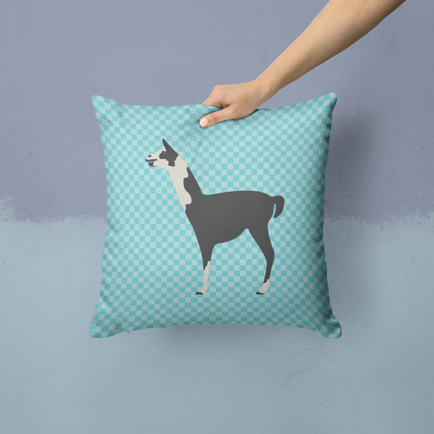 Llama Q' Ara Blue Check Decorative Throw Pillow 14x14 Indoor Outdoor Accent Cushion, Fabric Cover with Insert for Sofa, Bed, Porch & Living Room
