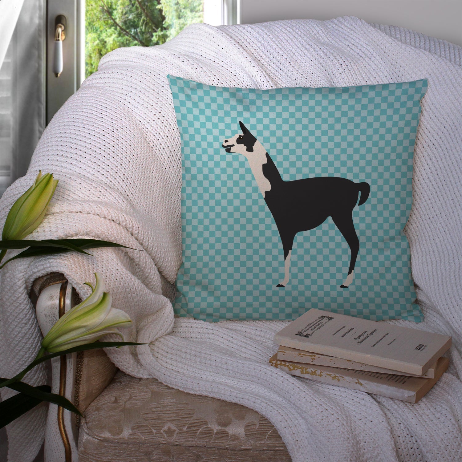 Llama Q' Ara Blue Check Decorative Throw Pillow 14x14 Indoor Outdoor Accent Cushion, Fabric Cover with Insert for Sofa, Bed, Porch & Living Room