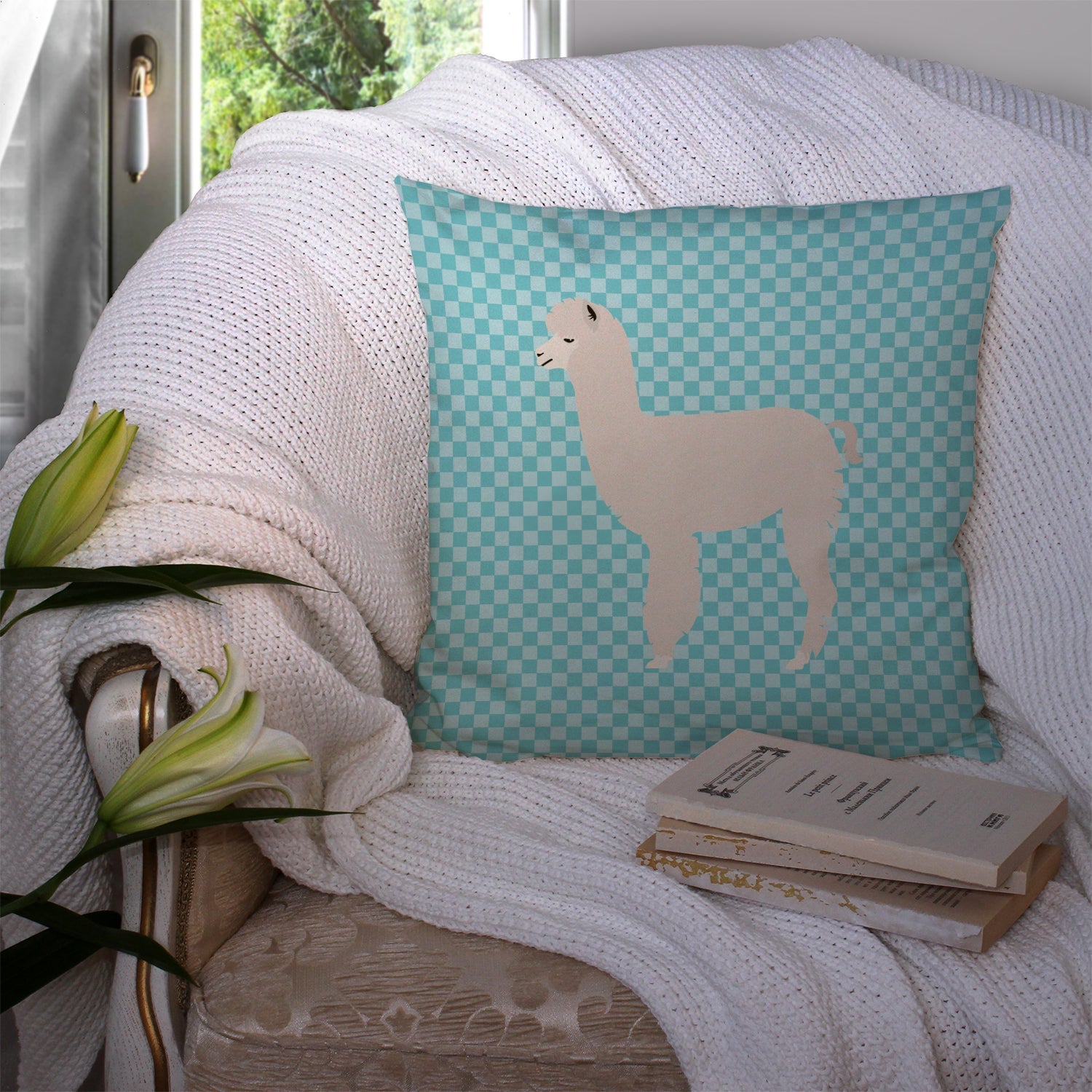 Alpaca Blue Check Decorative Throw Pillow 14x14 Indoor Outdoor Accent Cushion, Fabric Cover with Insert for Sofa, Bed, Porch & Living Room