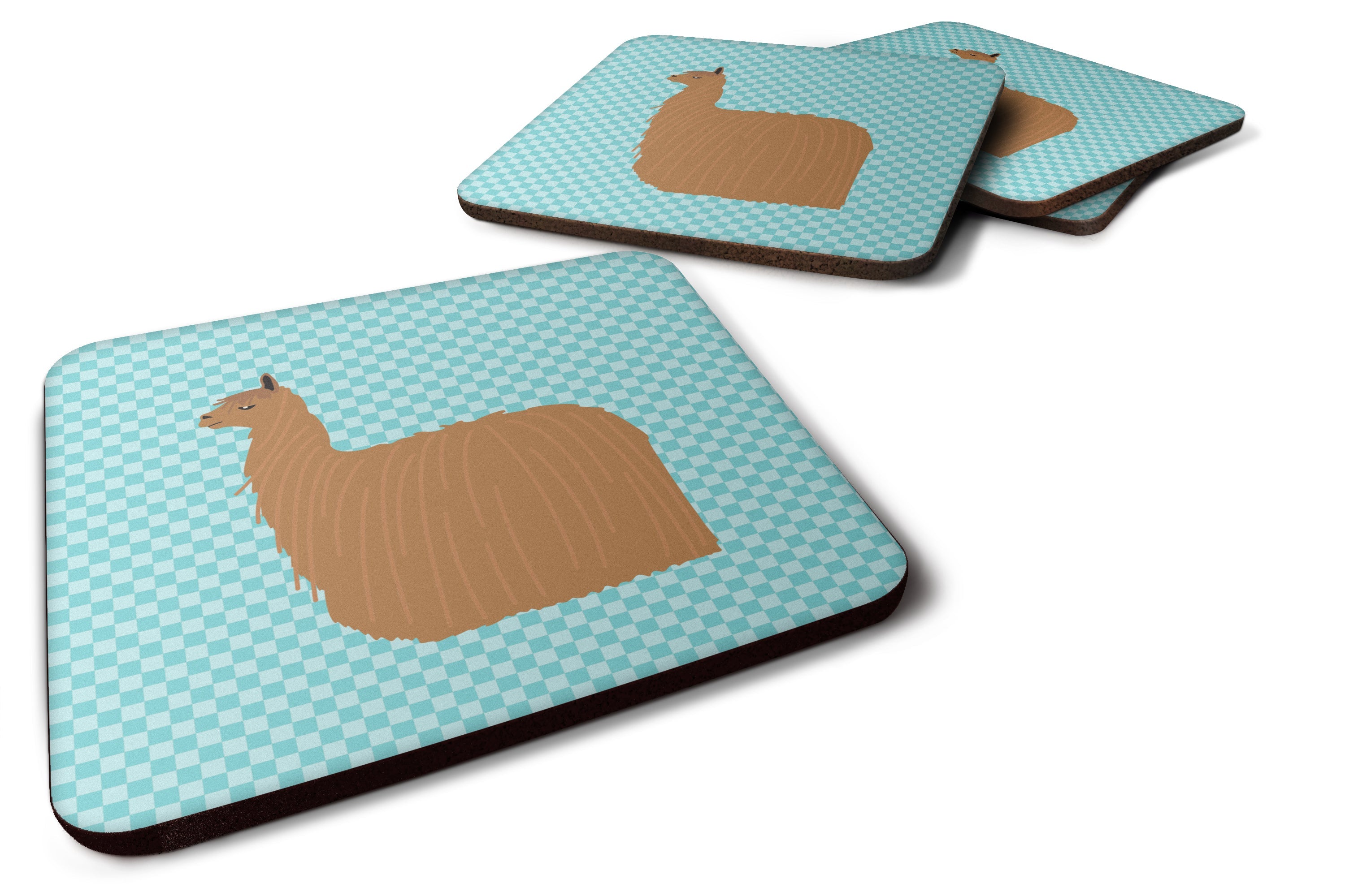 Alpaca Suri Blue Check Foam Coasters Set of 4 Cup Coasters for Indoor Outdoor, Tabletop Protection, Anti Slip, Mouse pad Material