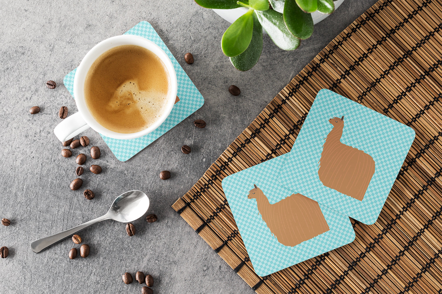 Alpaca Suri Blue Check Foam Coasters Set of 4 Cup Coasters for Indoor Outdoor, Tabletop Protection, Anti Slip, Mouse pad Material