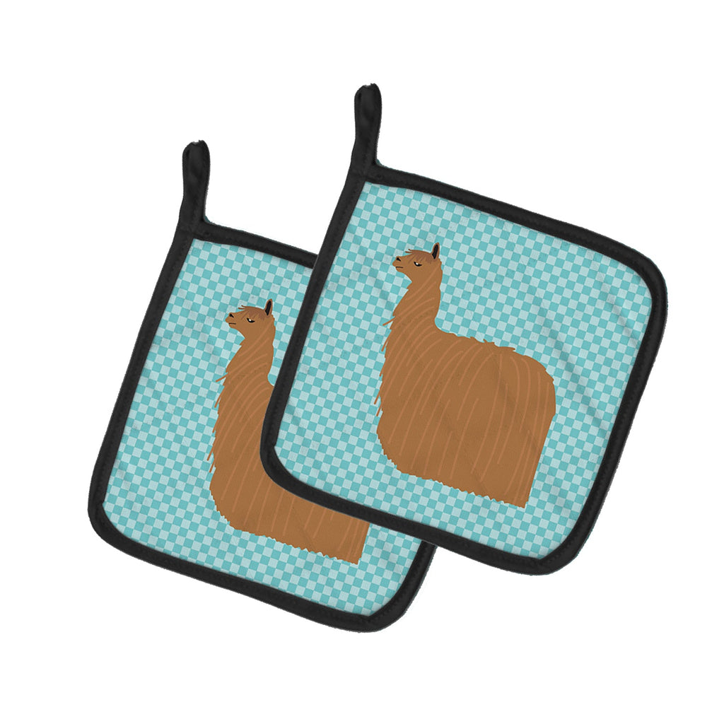 Alpaca Suri Blue Check Pot Holder Set of 2 Heat Resistant Quilted Hot Pads 7.5 x 7.5 Inch, Insulated Kitchen Trivets for Cooking & Baking
