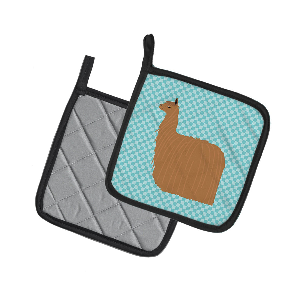 Alpaca Suri Blue Check Pot Holder Set of 2 Heat Resistant Quilted Hot Pads 7.5 x 7.5 Inch, Insulated Kitchen Trivets for Cooking & Baking