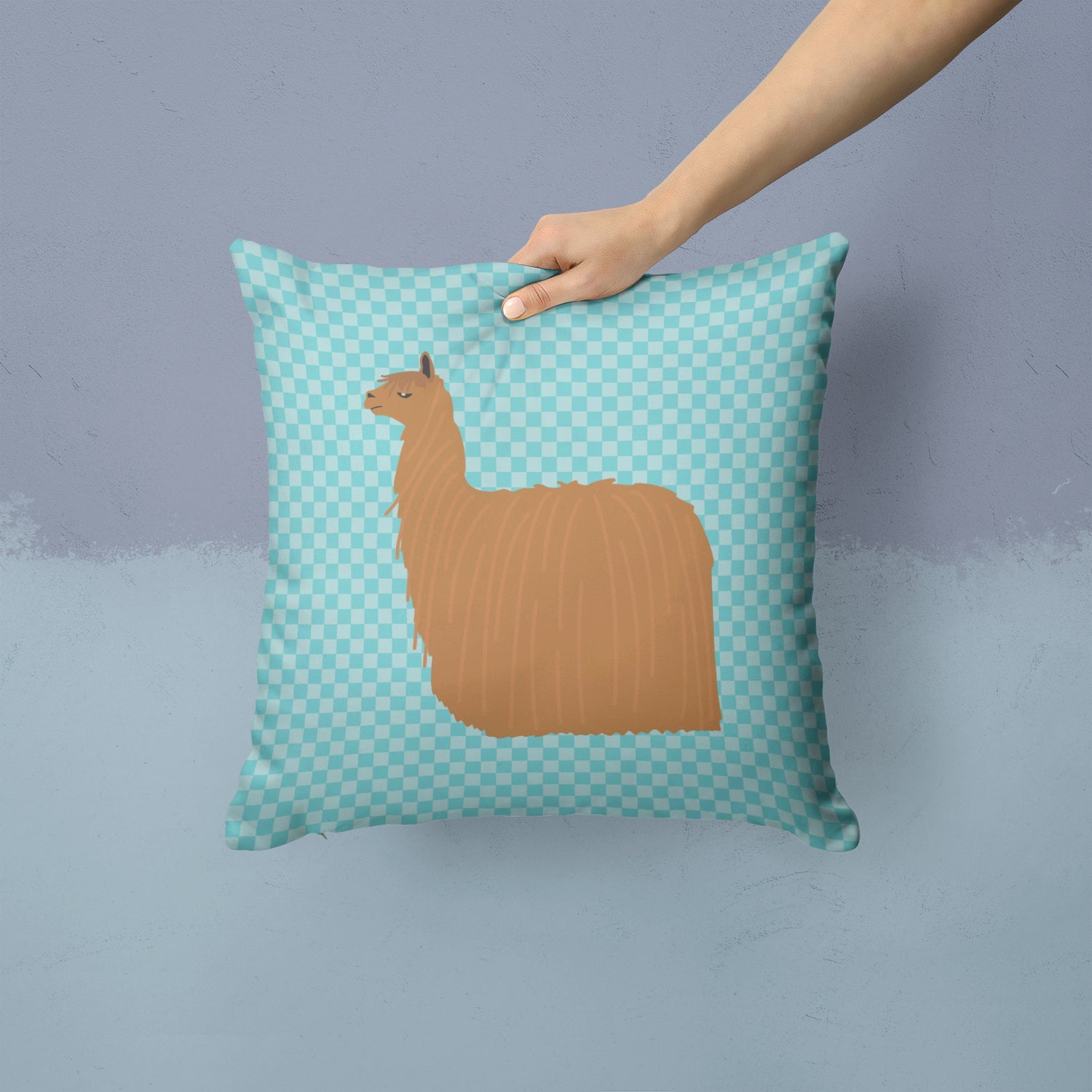 Alpaca Suri Blue Check Decorative Throw Pillow 14x14 Indoor Outdoor Accent Cushion, Fabric Cover with Insert for Sofa, Bed, Porch & Living Room