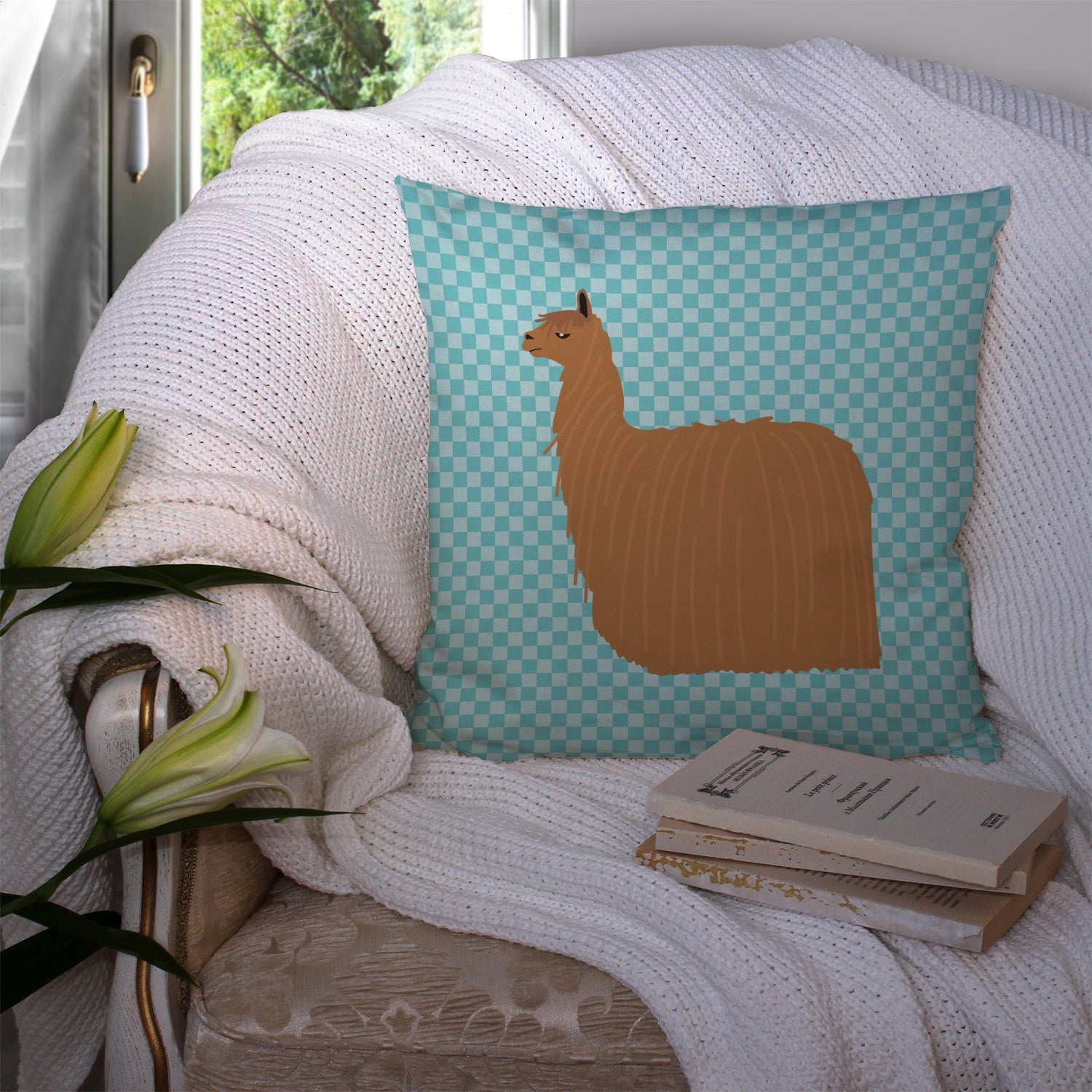 Alpaca Suri Blue Check Decorative Throw Pillow 14x14 Indoor Outdoor Accent Cushion, Fabric Cover with Insert for Sofa, Bed, Porch & Living Room