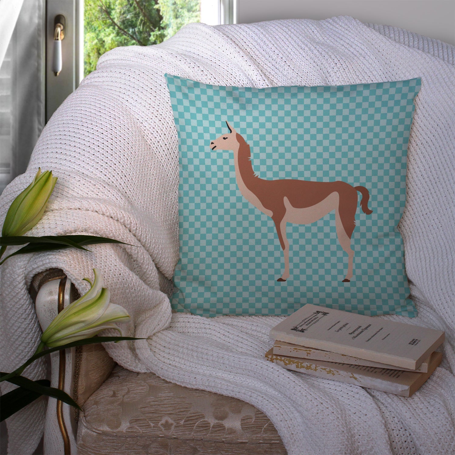 Guanaco Blue Check Decorative Throw Pillow 14x14 Indoor Outdoor Accent Cushion, Fabric Cover with Insert for Sofa, Bed, Porch & Living Room
