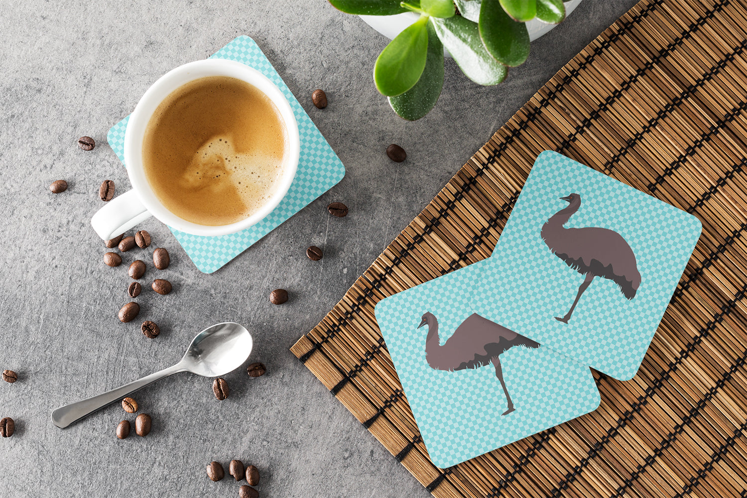 Emu Blue Check Foam Coasters Set of 4 Cup Coasters for Indoor Outdoor, Tabletop Protection, Anti Slip, Mouse pad Material