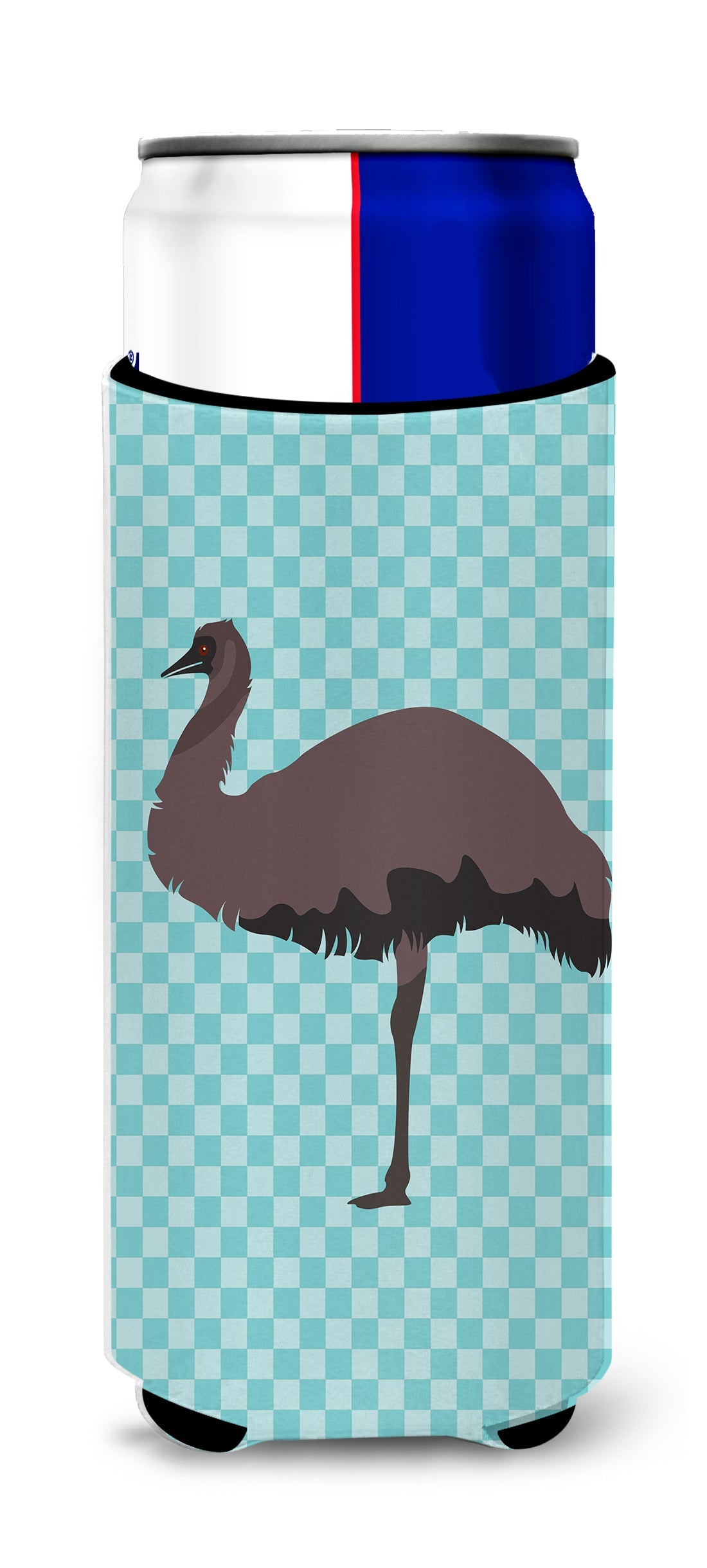 Emu Blue Check Slim Can Hugger , Insulated Foam Hugger for 12 oz Slim Cans, Beer Bottles & Water Bottles, Printed in USA