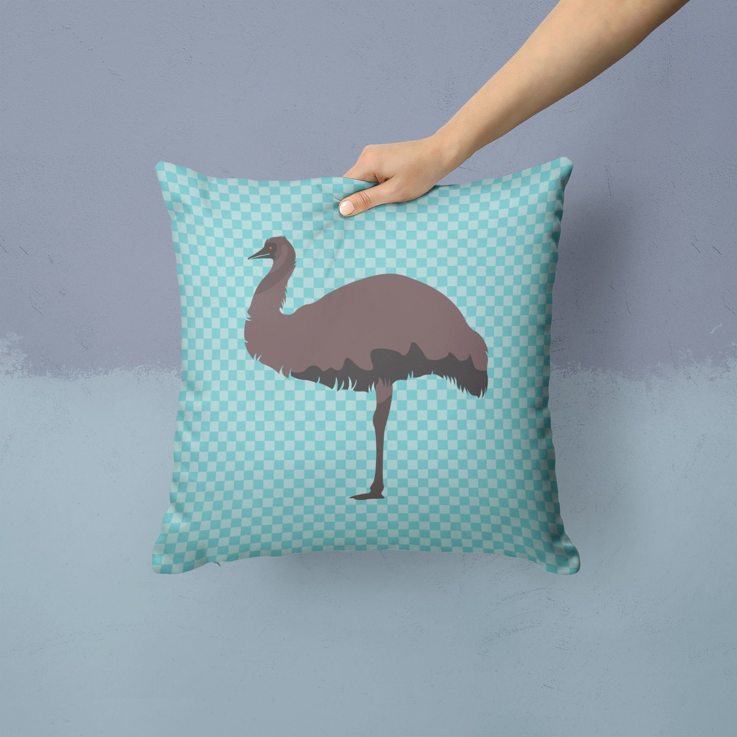 Emu Blue Check Decorative Throw Pillow 14x14 Indoor Outdoor Accent Cushion, Fabric Cover with Insert for Sofa, Bed, Porch & Living Room