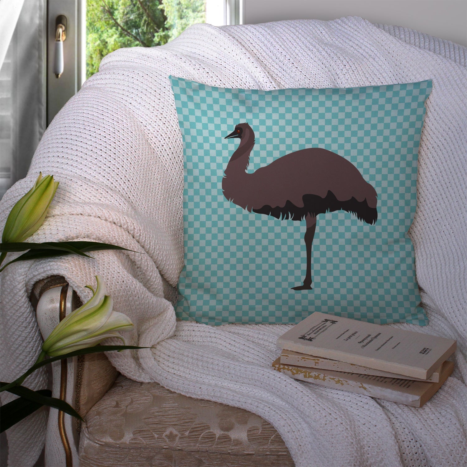 Emu Blue Check Decorative Throw Pillow 14x14 Indoor Outdoor Accent Cushion, Fabric Cover with Insert for Sofa, Bed, Porch & Living Room