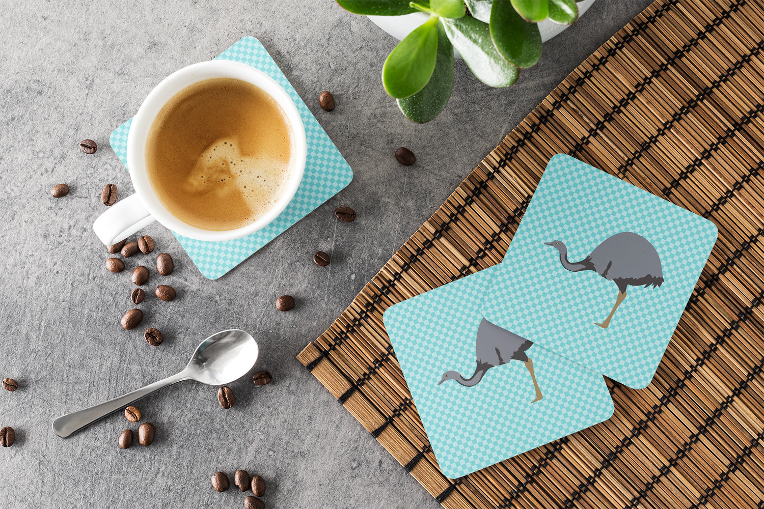 Rhea Blue Check Foam Coasters Set of 4 Cup Coasters for Indoor Outdoor, Tabletop Protection, Anti Slip, Mouse pad Material