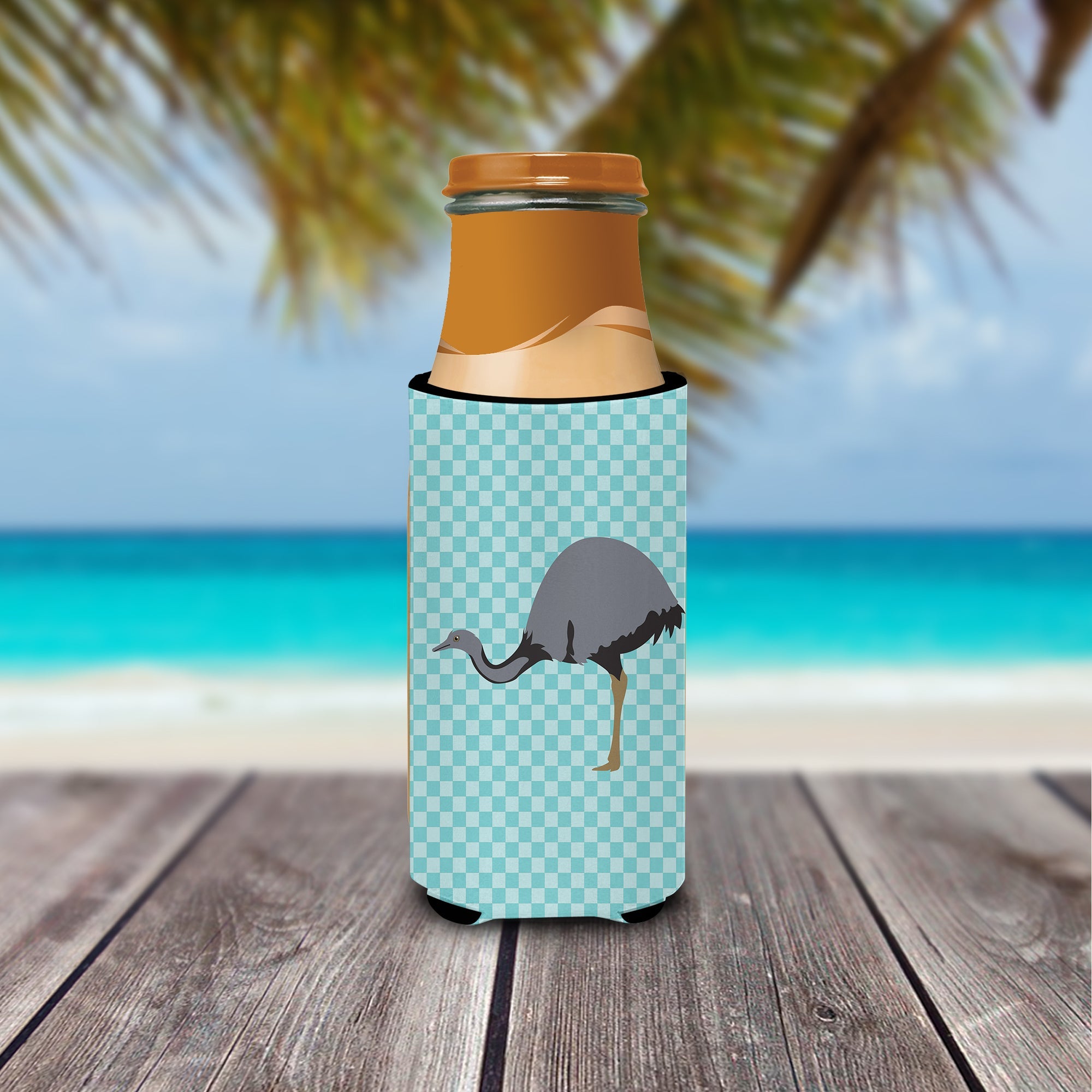 Rhea Blue Check Slim Can Hugger , Insulated Foam Hugger for 12 oz Slim Cans, Beer Bottles & Water Bottles, Printed in USA