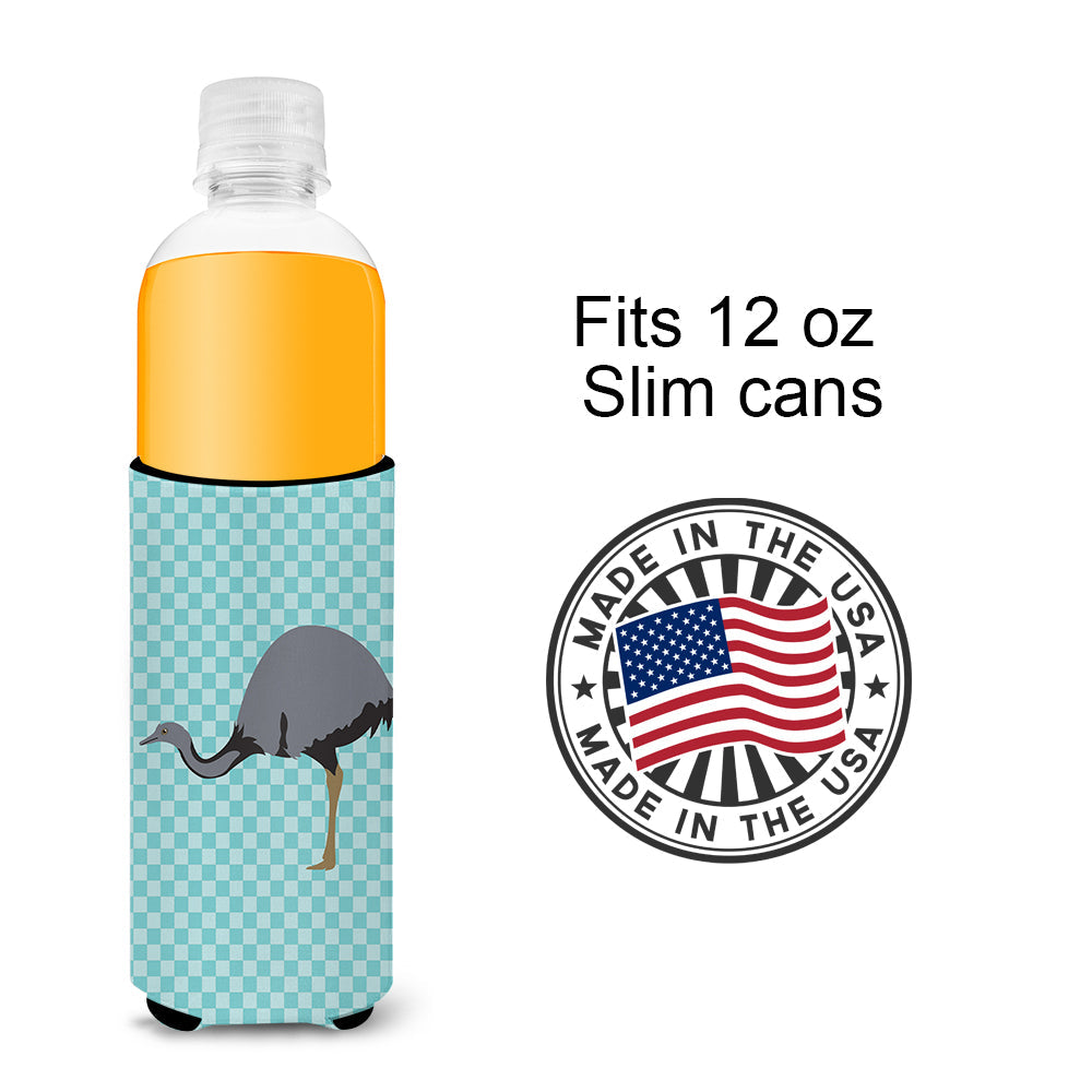 Rhea Blue Check Slim Can Hugger , Insulated Foam Hugger for 12 oz Slim Cans, Beer Bottles & Water Bottles, Printed in USA