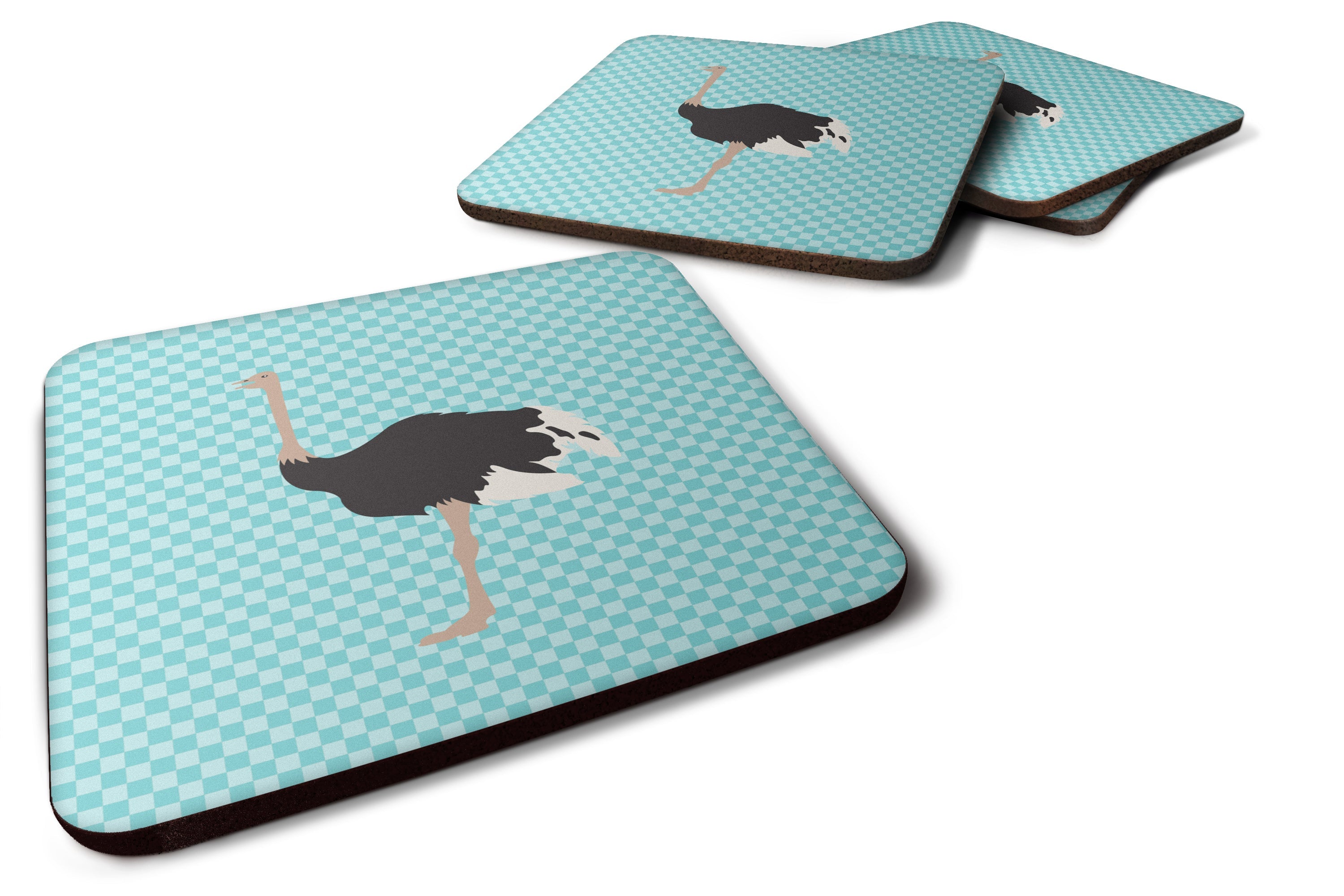 Common Ostrich Blue Check Foam Coasters Set of 4 Cup Coasters for Indoor Outdoor, Tabletop Protection, Anti Slip, Mouse pad Material