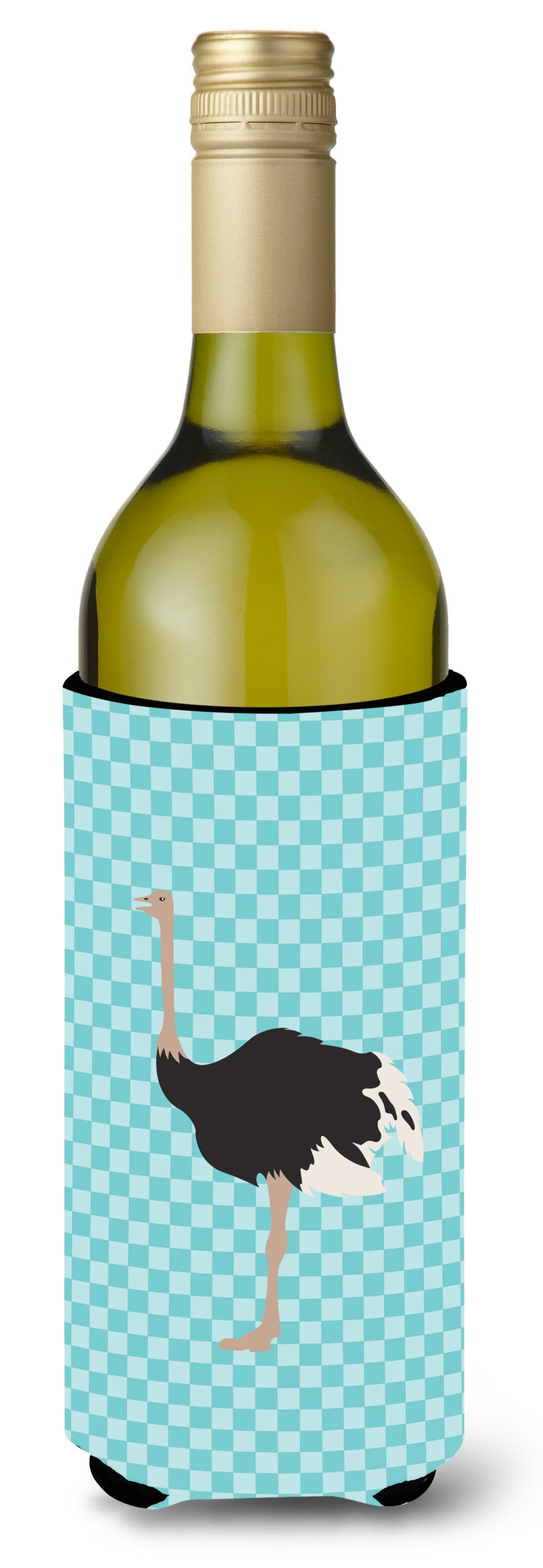 Common Ostrich Blue Check Wine Bottle Hugger Gift Sleeve for Standard 750 ml Bottles, Insulated Reusable Also Fits Mini Shot & Pint Bottles