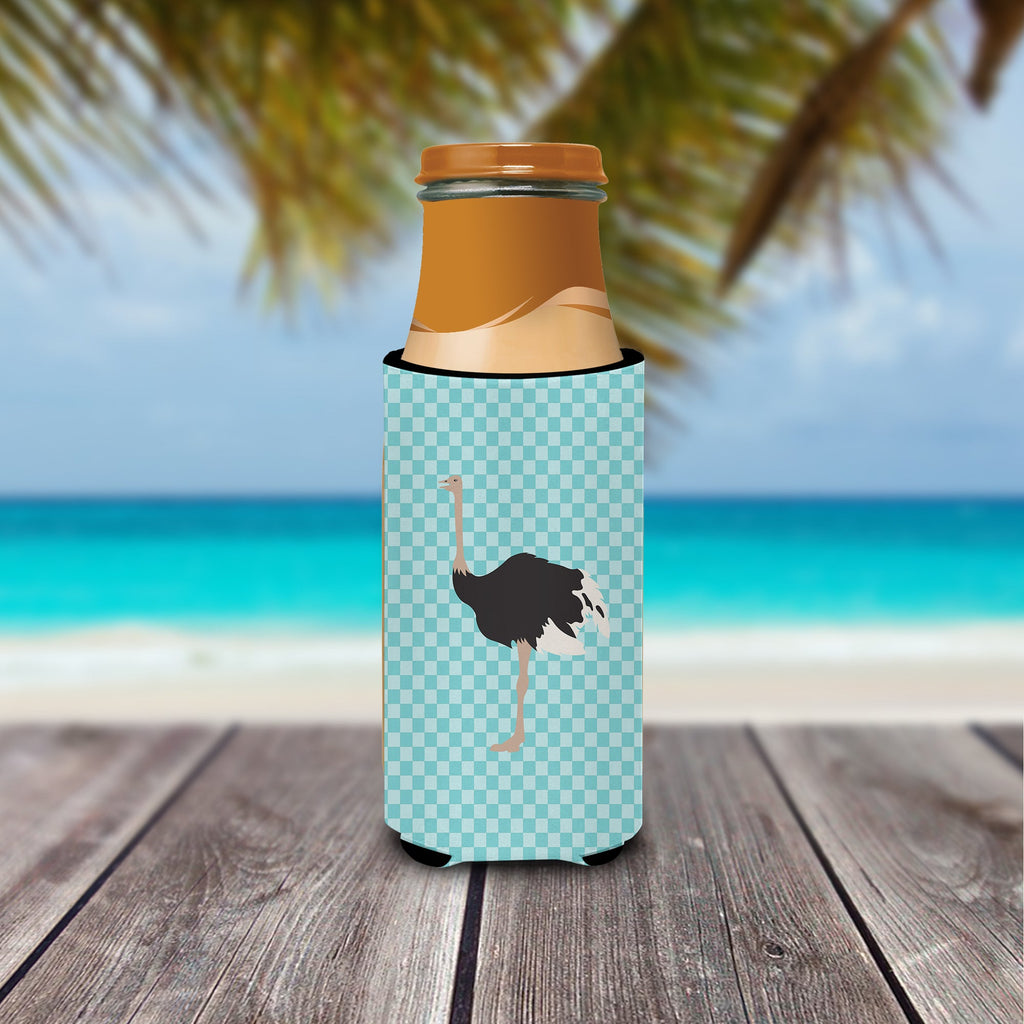 Common Ostrich Blue Check Slim Can Hugger , Insulated Foam Hugger for 12 oz Slim Cans, Beer Bottles & Water Bottles, Printed in USA