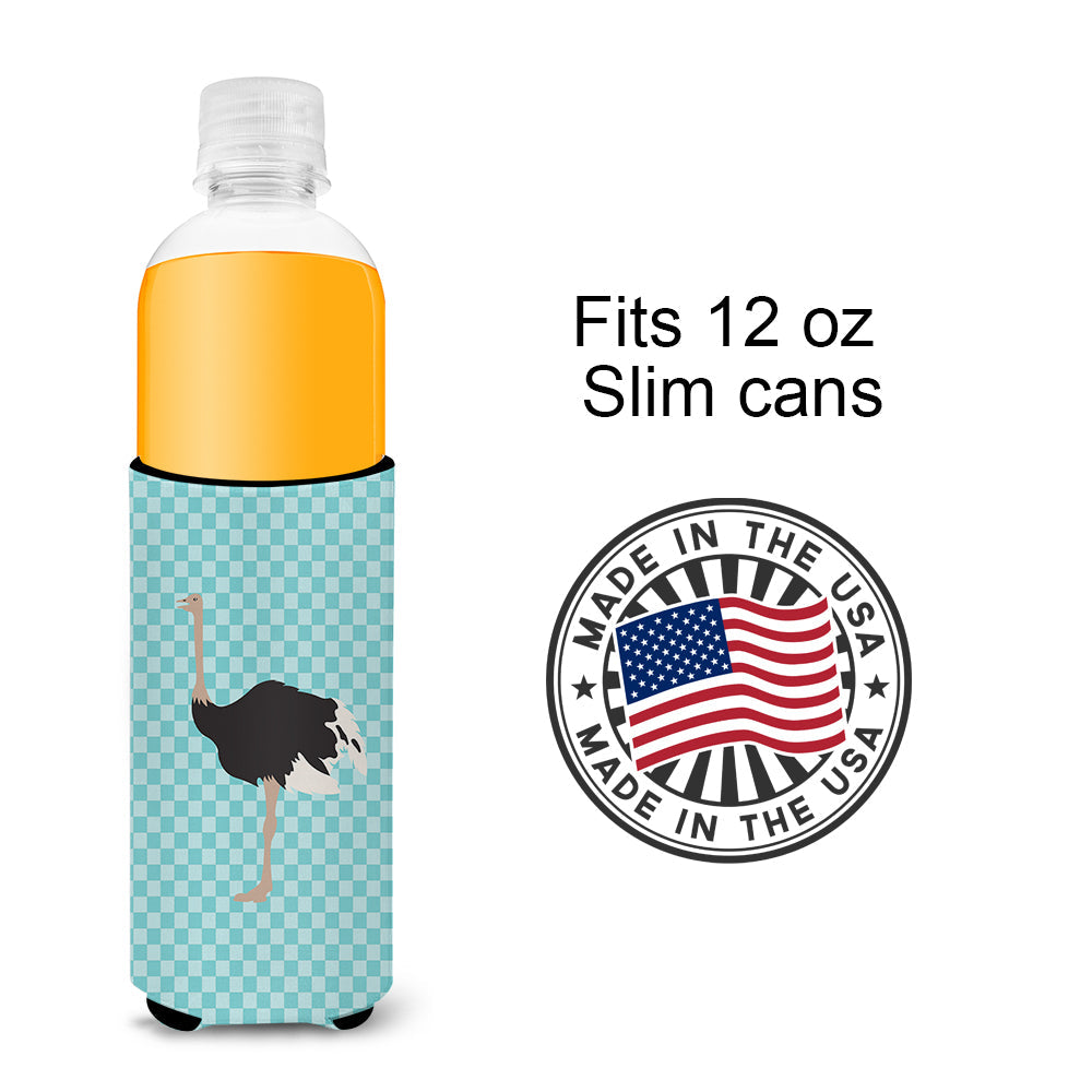 Common Ostrich Blue Check Slim Can Hugger , Insulated Foam Hugger for 12 oz Slim Cans, Beer Bottles & Water Bottles, Printed in USA