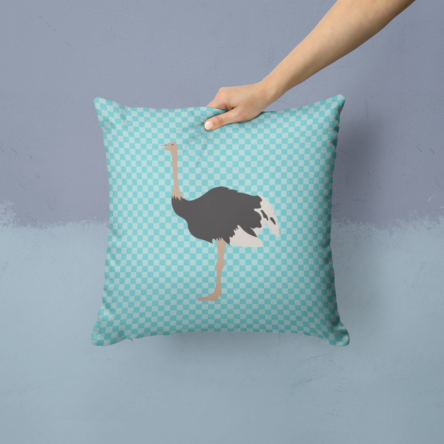 Common Ostrich Blue Check Decorative Throw Pillow 14x14 Indoor Outdoor Accent Cushion, Fabric Cover with Insert for Sofa, Bed, Porch & Living Room