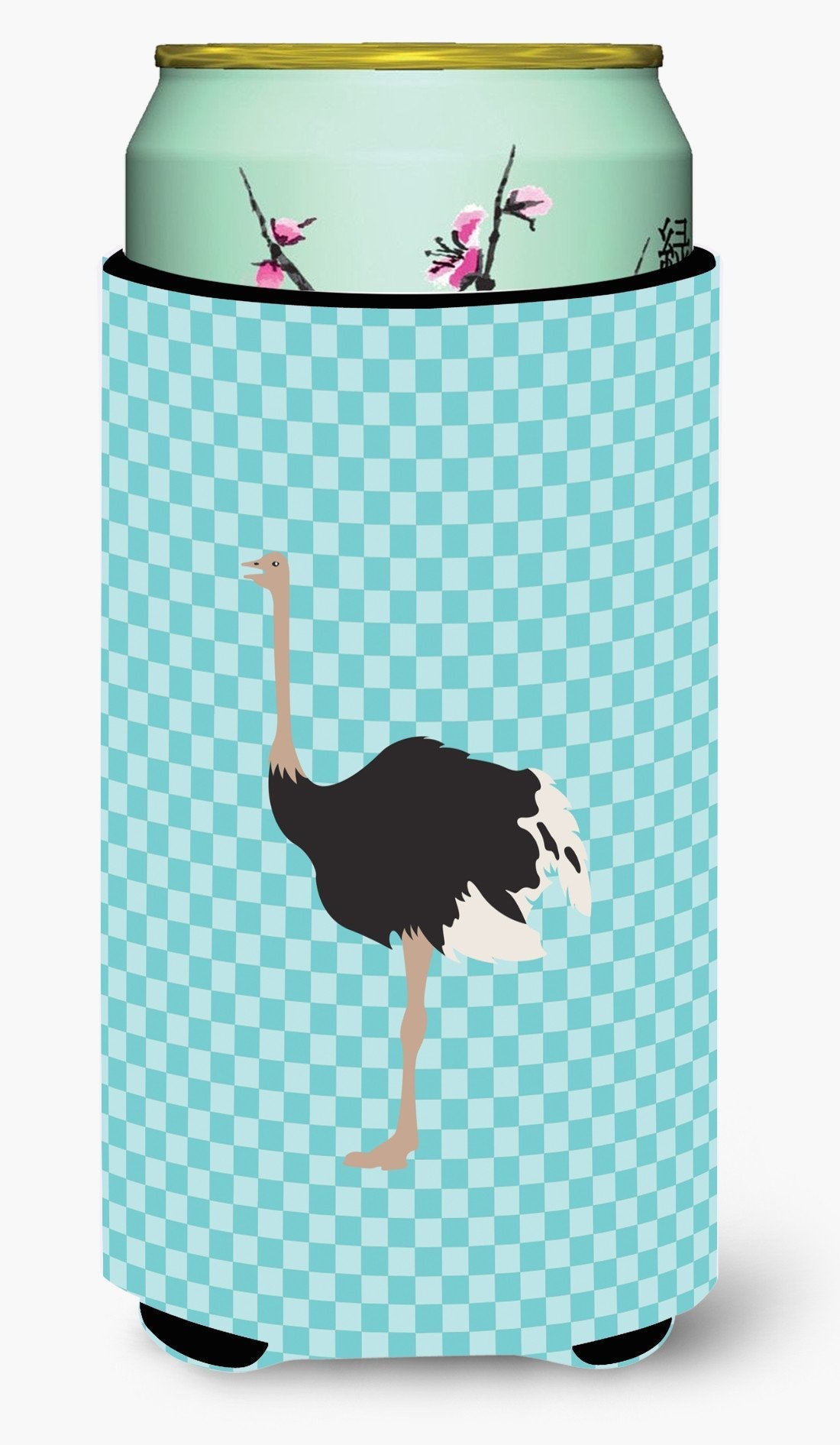 Common Ostrich Blue Check Tall Boy Hugger Can Cooler Sleeve Machine Washable Drink Collapsible Insulator Beverage Insulated Holder