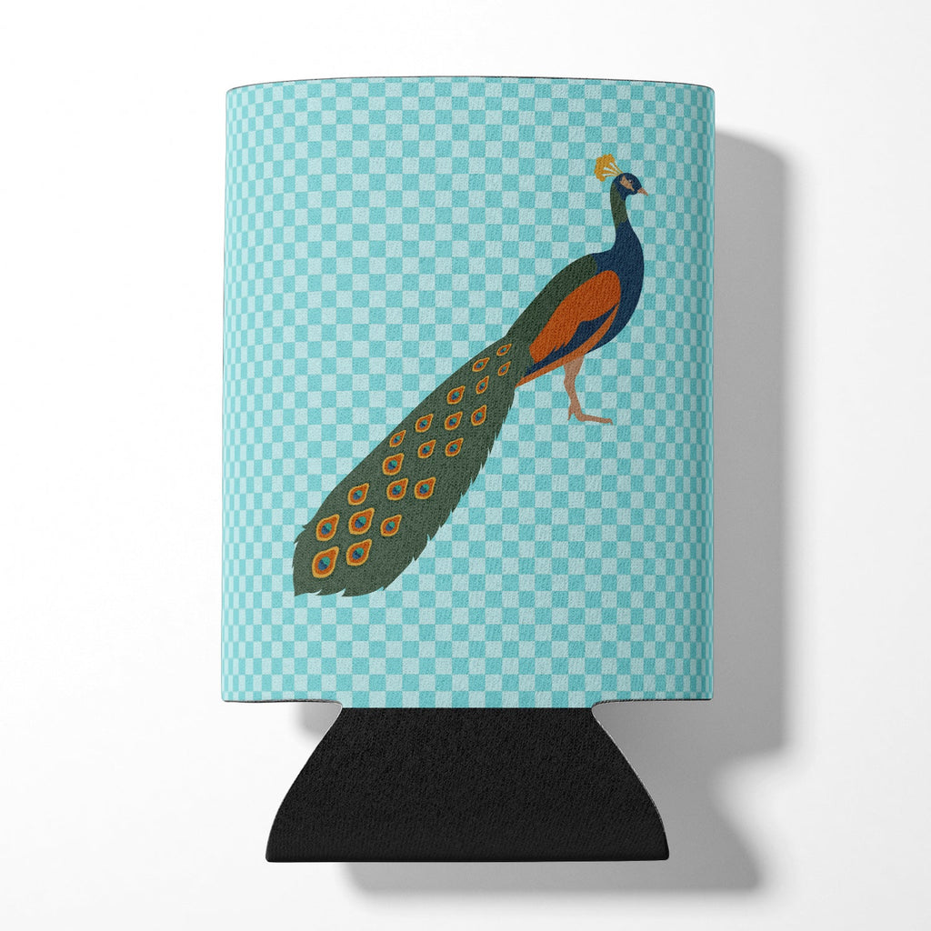 Indian Peacock Peafowl Blue Check Can or Bottle Hugger Cooler Sleeve for Standard 12 oz Cans, Insulated Foam Beer & Soda Can Hugger Reusable