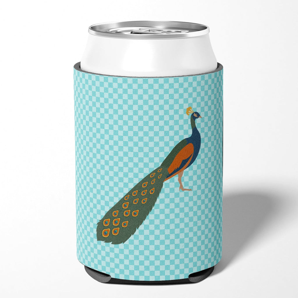 Indian Peacock Peafowl Blue Check Can or Bottle Hugger Cooler Sleeve for Standard 12 oz Cans, Insulated Foam Beer & Soda Can Hugger Reusable