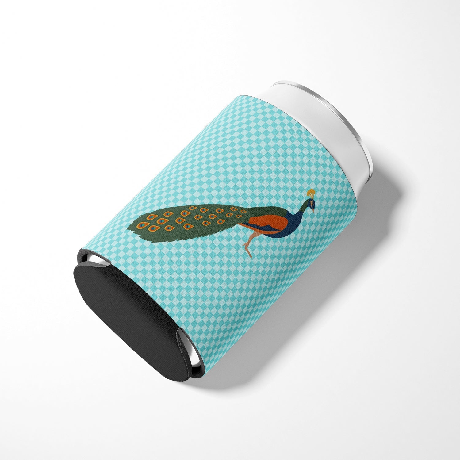 Indian Peacock Peafowl Blue Check Can or Bottle Hugger Cooler Sleeve for Standard 12 oz Cans, Insulated Foam Beer & Soda Can Hugger Reusable