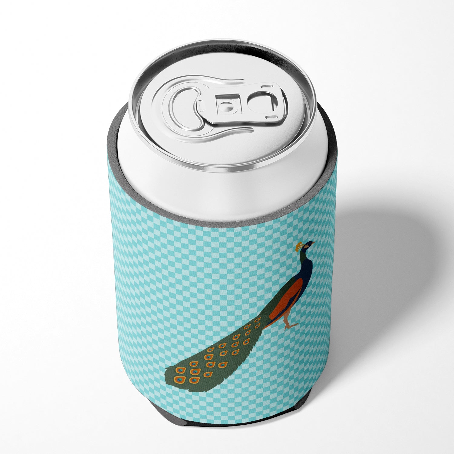 Indian Peacock Peafowl Blue Check Can or Bottle Hugger Cooler Sleeve for Standard 12 oz Cans, Insulated Foam Beer & Soda Can Hugger Reusable