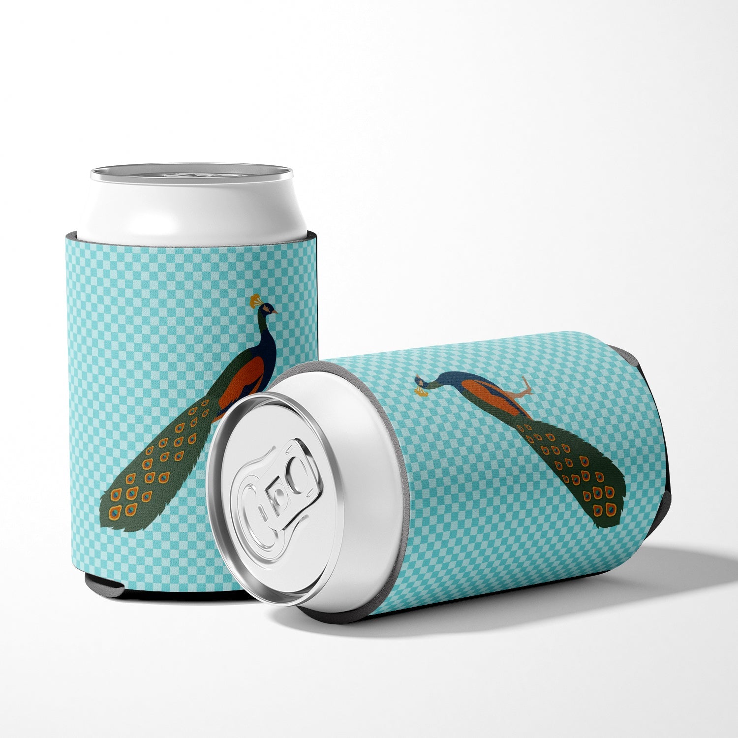 Indian Peacock Peafowl Blue Check Can or Bottle Hugger Cooler Sleeve for Standard 12 oz Cans, Insulated Foam Beer & Soda Can Hugger Reusable