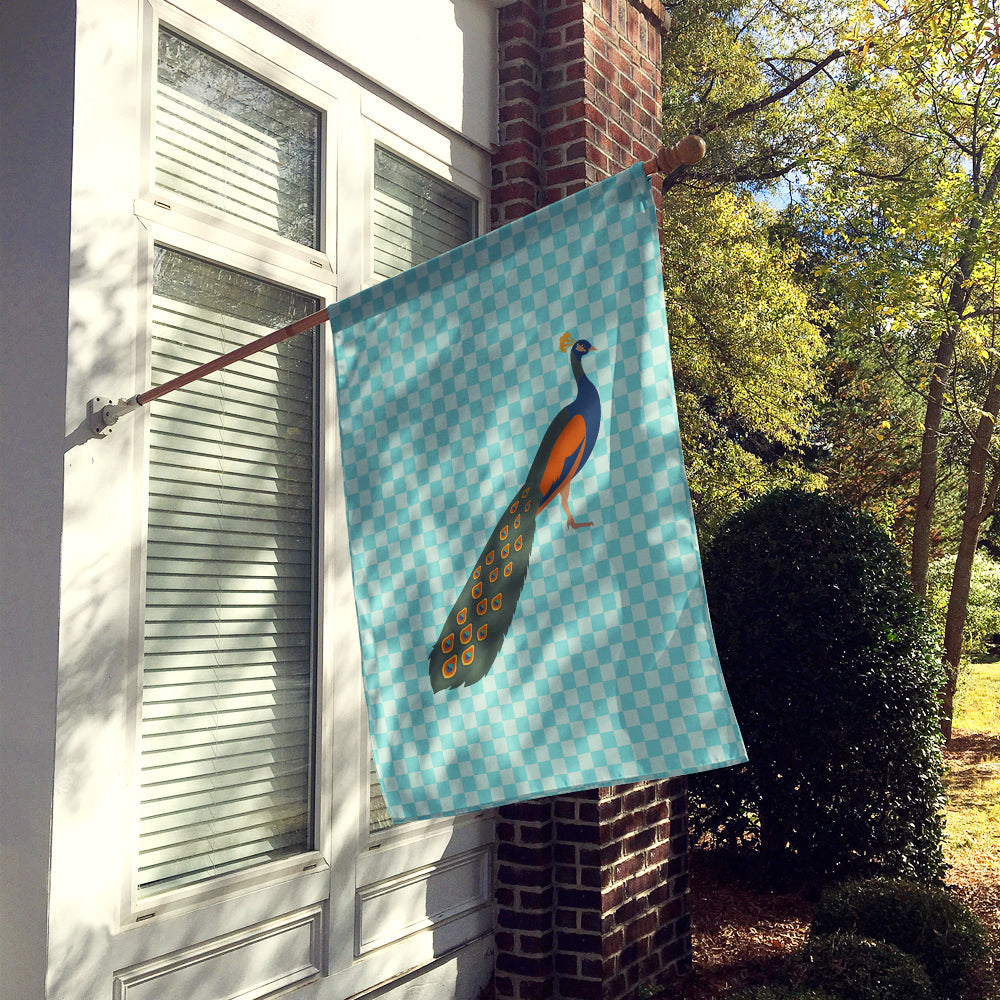 Indian Peacock Peafowl Blue Check House Flag 28x40 Porch Sleeve Pole Decorative Outside Yard Banner Artwork Wall Hanging, Polyester