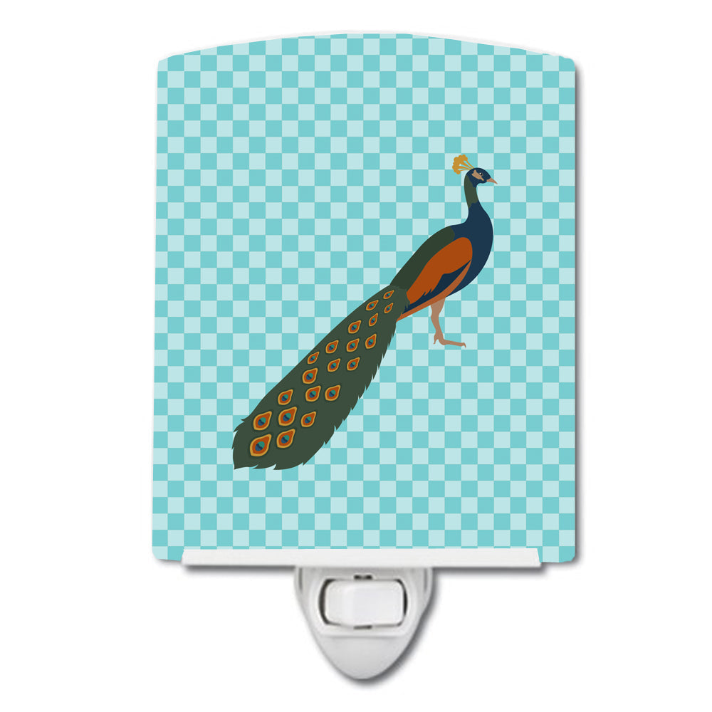Indian Peacock Peafowl Blue Check Ceramic Night Light Compact, UL-Certified, Ideal for Bedroom, Bathroom, Nursery, Hallway, Kitchen, 6x4x3, Multicolor