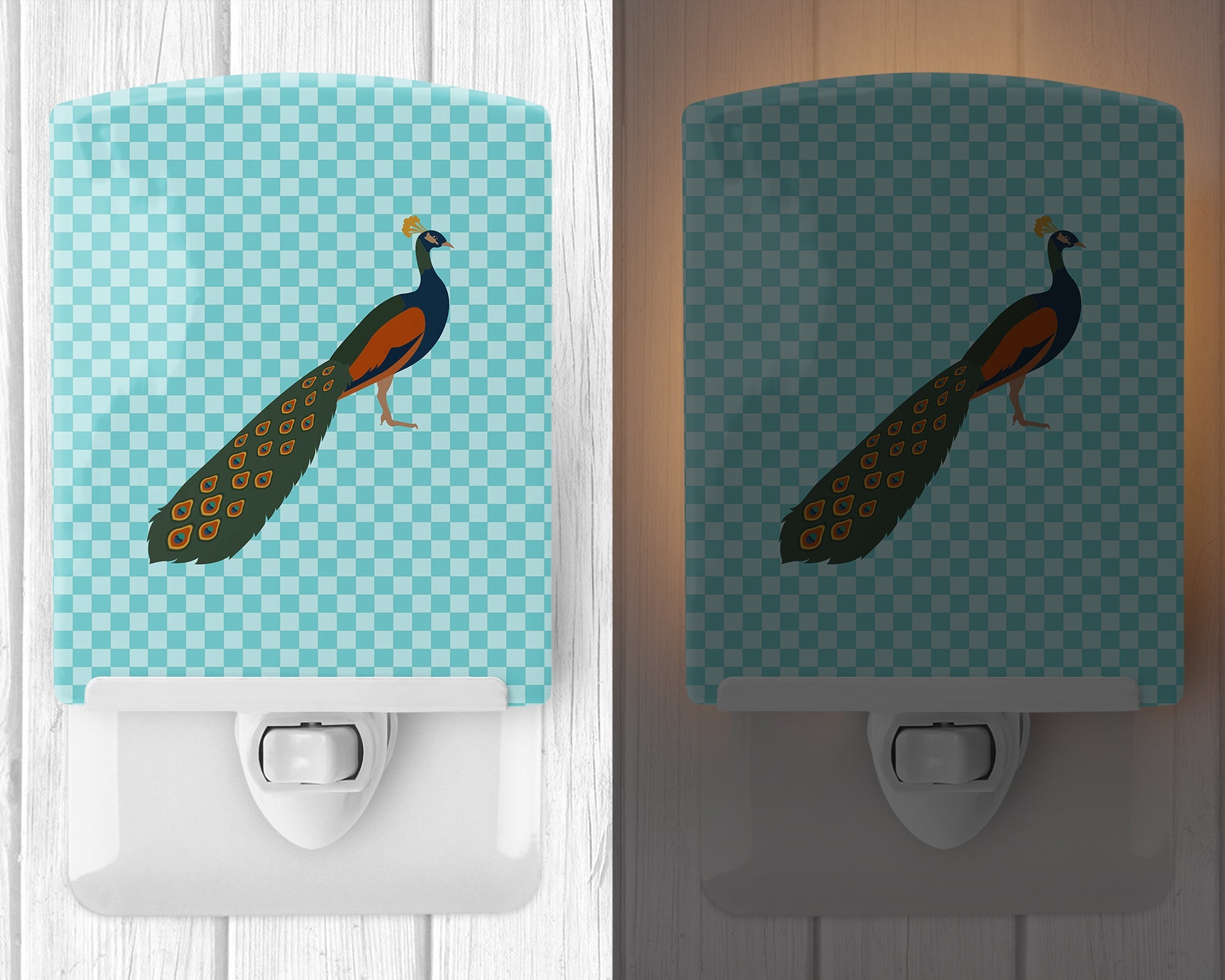 Indian Peacock Peafowl Blue Check Ceramic Night Light Compact, UL-Certified, Ideal for Bedroom, Bathroom, Nursery, Hallway, Kitchen, 6x4x3, Multicolor