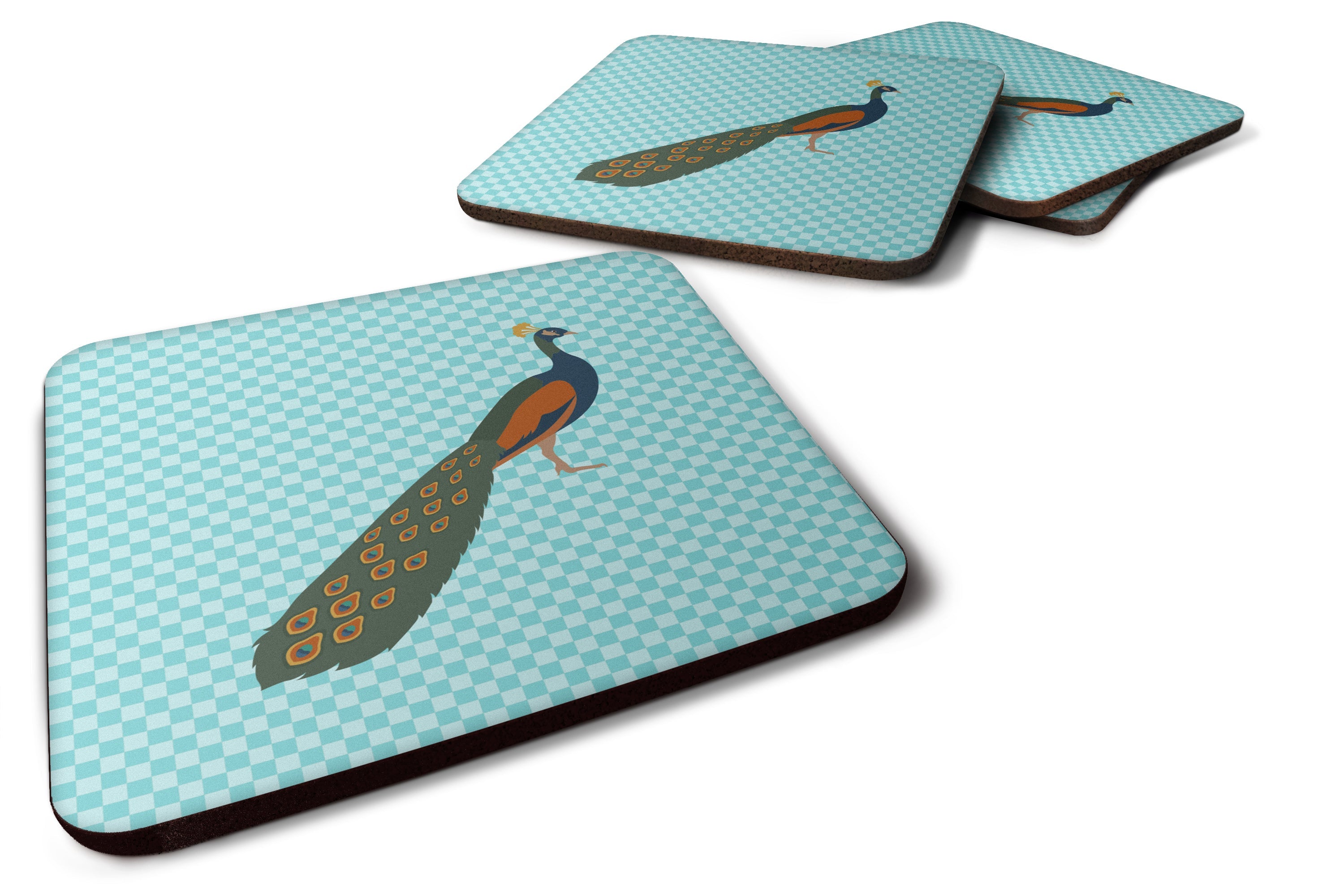 Indian Peacock Peafowl Blue Check Foam Coasters Set of 4 Cup Coasters for Indoor Outdoor, Tabletop Protection, Anti Slip, Mouse pad Material