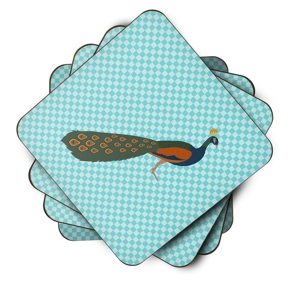 Indian Peacock Peafowl Blue Check Foam Coasters Set of 4 Cup Coasters for Indoor Outdoor, Tabletop Protection, Anti Slip, Mouse pad Material