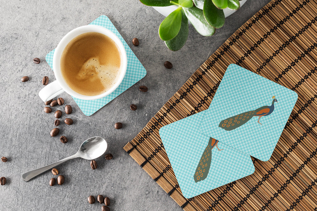Indian Peacock Peafowl Blue Check Foam Coasters Set of 4 Cup Coasters for Indoor Outdoor, Tabletop Protection, Anti Slip, Mouse pad Material
