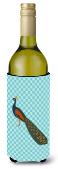 Indian Peacock Peafowl Blue Check Wine Bottle Hugger Gift Sleeve for Standard 750 ml Bottles, Insulated Reusable Also Fits Mini Shot & Pint Bottles