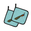 Indian Peacock Peafowl Blue Check Pot Holder Set of 2 Heat Resistant Quilted Hot Pads 7.5 x 7.5 Inch, Insulated Kitchen Trivets for Cooking & Baking
