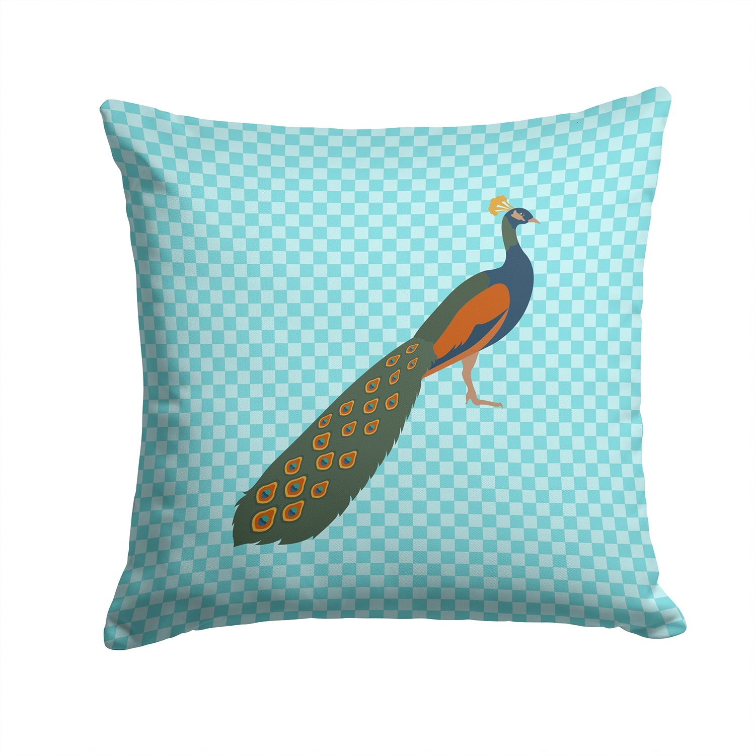 Indian Peacock Peafowl Blue Check Decorative Throw Pillow 14x14 Indoor Outdoor Accent Cushion, Fabric Cover with Insert for Sofa, Bed, Porch & Living Room