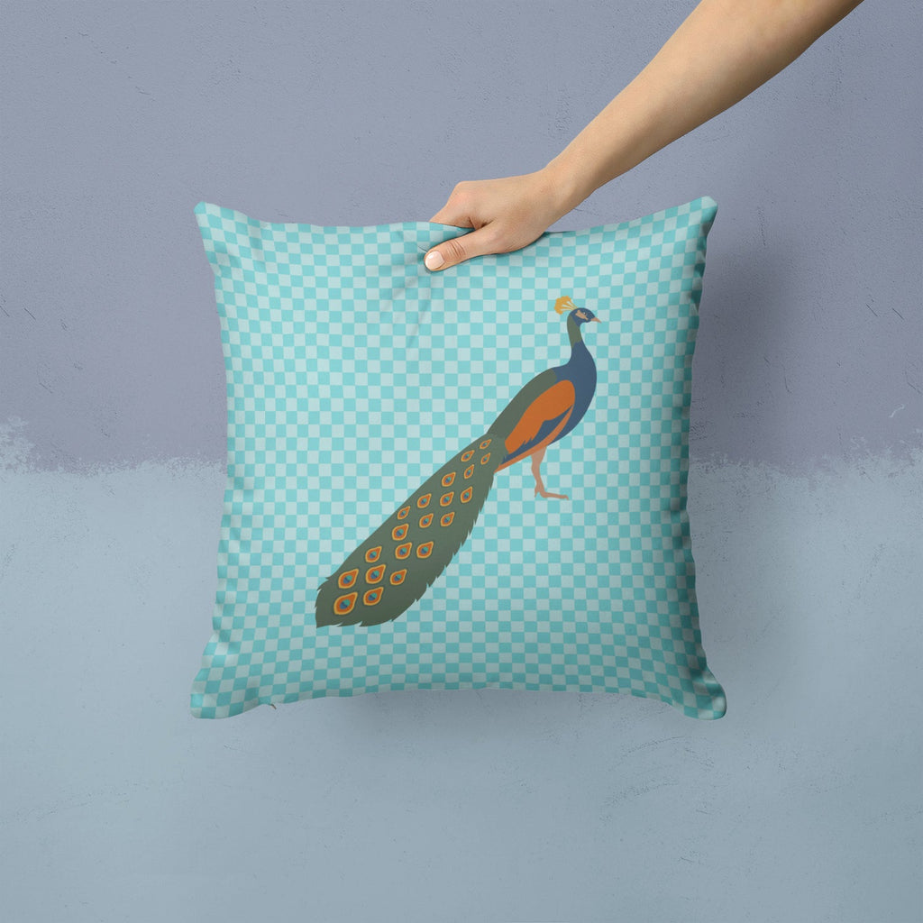 Indian Peacock Peafowl Blue Check Decorative Throw Pillow 14x14 Indoor Outdoor Accent Cushion, Fabric Cover with Insert for Sofa, Bed, Porch & Living Room