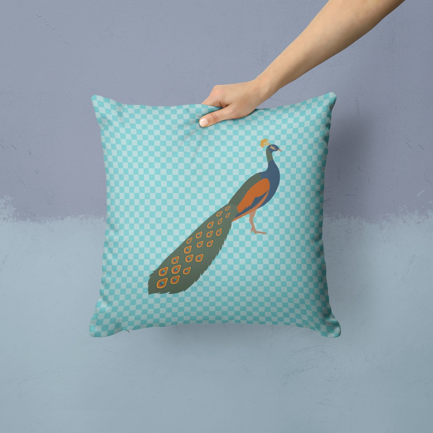 Indian Peacock Peafowl Blue Check Decorative Throw Pillow 14x14 Indoor Outdoor Accent Cushion, Fabric Cover with Insert for Sofa, Bed, Porch & Living Room