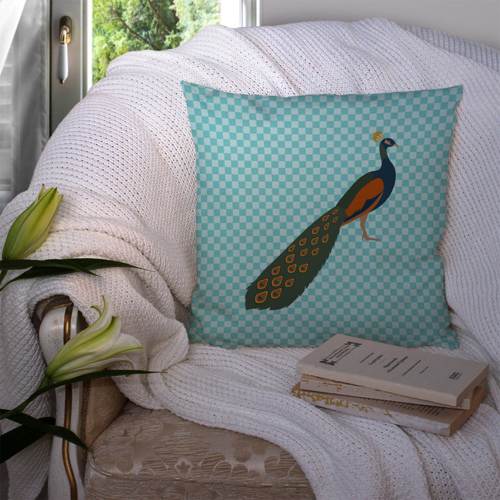 Indian Peacock Peafowl Blue Check Decorative Throw Pillow 14x14 Indoor Outdoor Accent Cushion, Fabric Cover with Insert for Sofa, Bed, Porch & Living Room