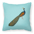 Indian Peacock Peafowl Blue Check Decorative Throw Pillow 18x18 Indoor Outdoor Accent Cushion, Fabric Cover with Insert for Sofa, Bed, Porch & Living Room