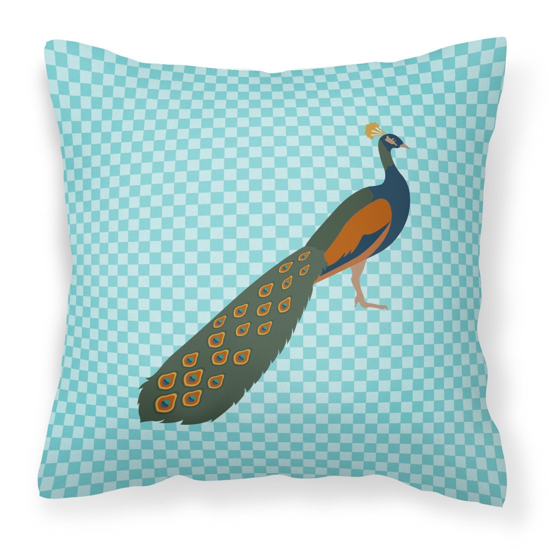 Indian Peacock Peafowl Blue Check Decorative Throw Pillow 18x18 Indoor Outdoor Accent Cushion, Fabric Cover with Insert for Sofa, Bed, Porch & Living Room