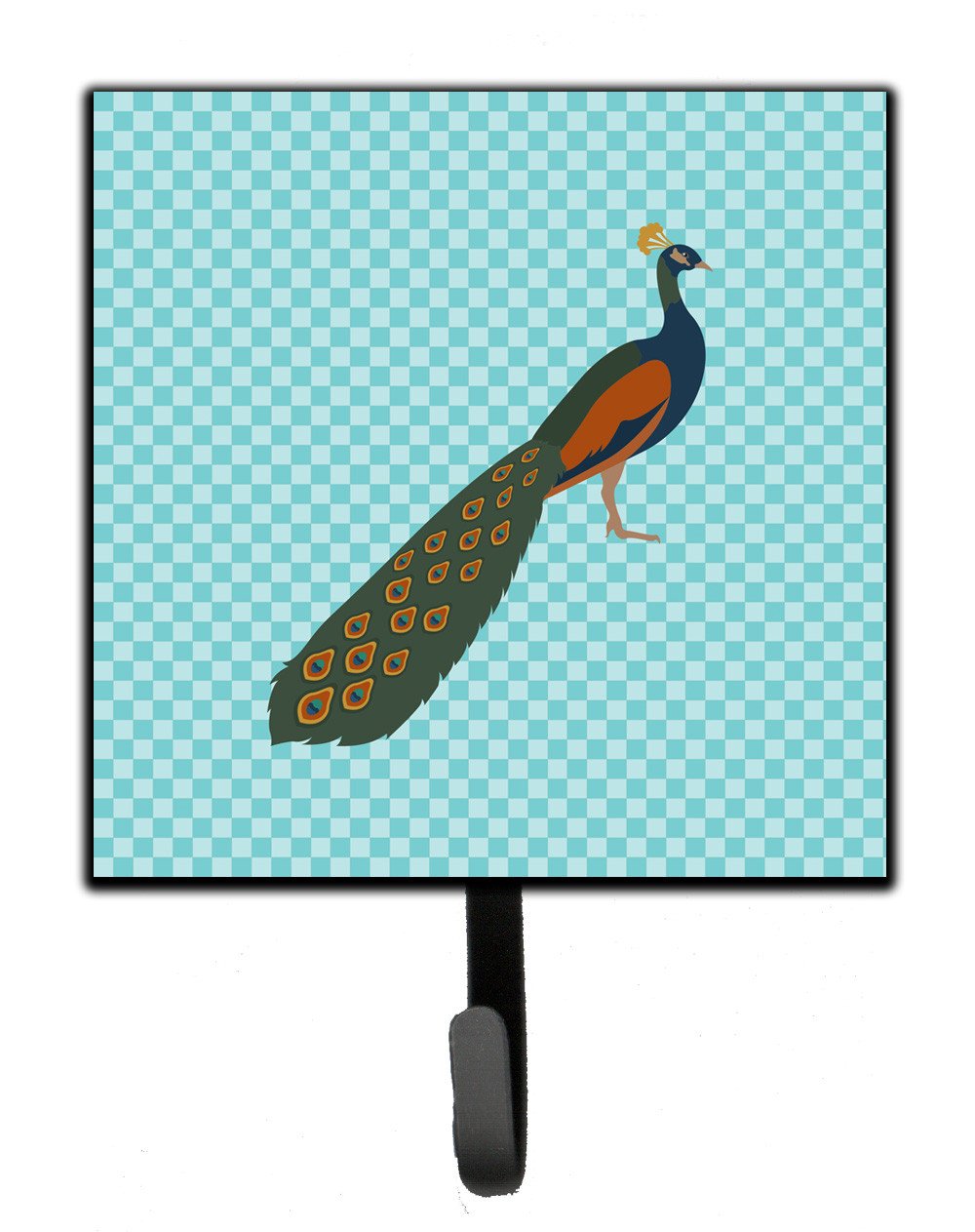 Indian Peacock Peafowl Blue Check Leash or Key Holder Wall Hooks, Key Hooks Holder, Coat Rack Wall Mount, Coat Hooks, Hooks for Hanging Keys, Towels, Aprons, Leashes