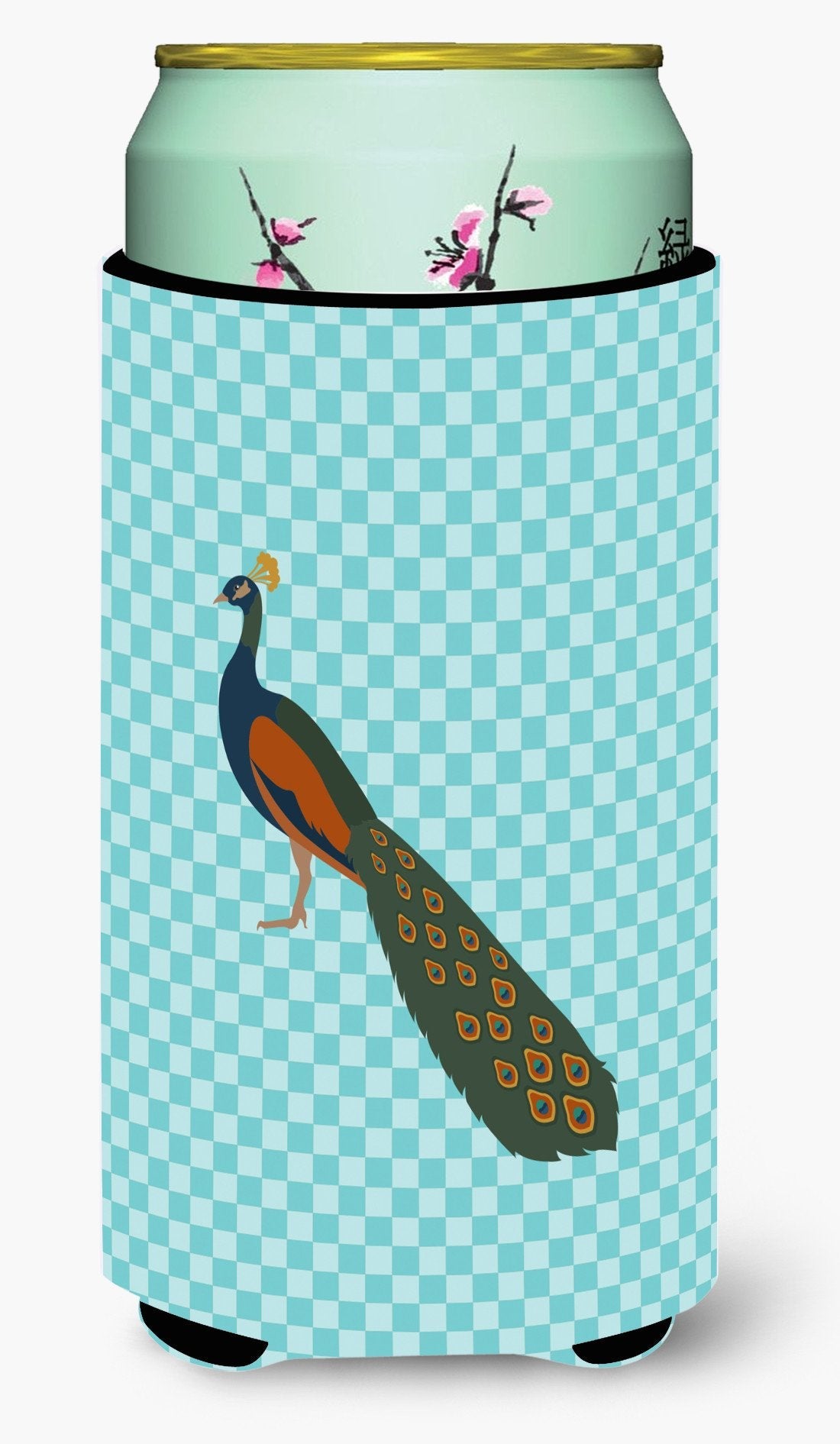 Indian Peacock Peafowl Blue Check Tall Boy Hugger Can Cooler Sleeve Machine Washable Drink Collapsible Insulator Beverage Insulated Holder