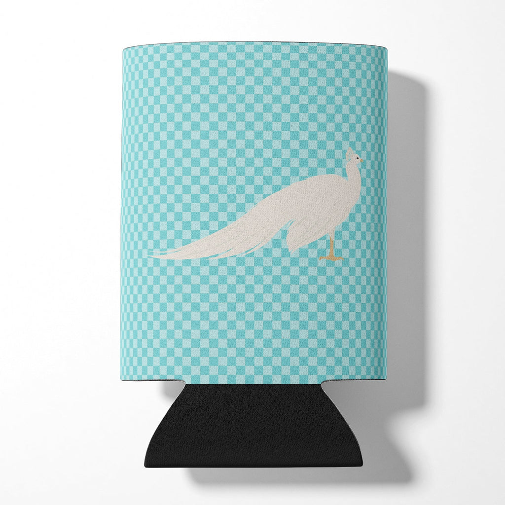 White Peacock Peafowl Blue Check Can or Bottle Hugger Cooler Sleeve for Standard 12 oz Cans, Insulated Foam Beer & Soda Can Hugger Reusable