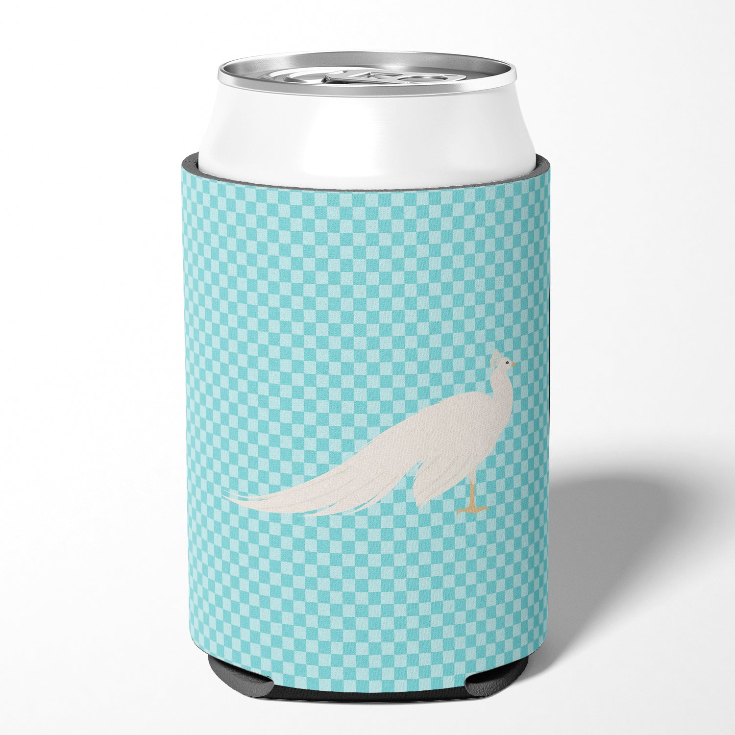 White Peacock Peafowl Blue Check Can or Bottle Hugger Cooler Sleeve for Standard 12 oz Cans, Insulated Foam Beer & Soda Can Hugger Reusable
